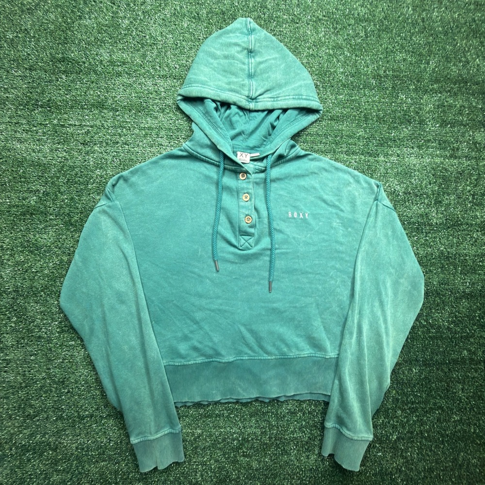 Roxy Womens Medium Teal Green Cropped Henley Hoodie Sweatshirt Washed Pullover